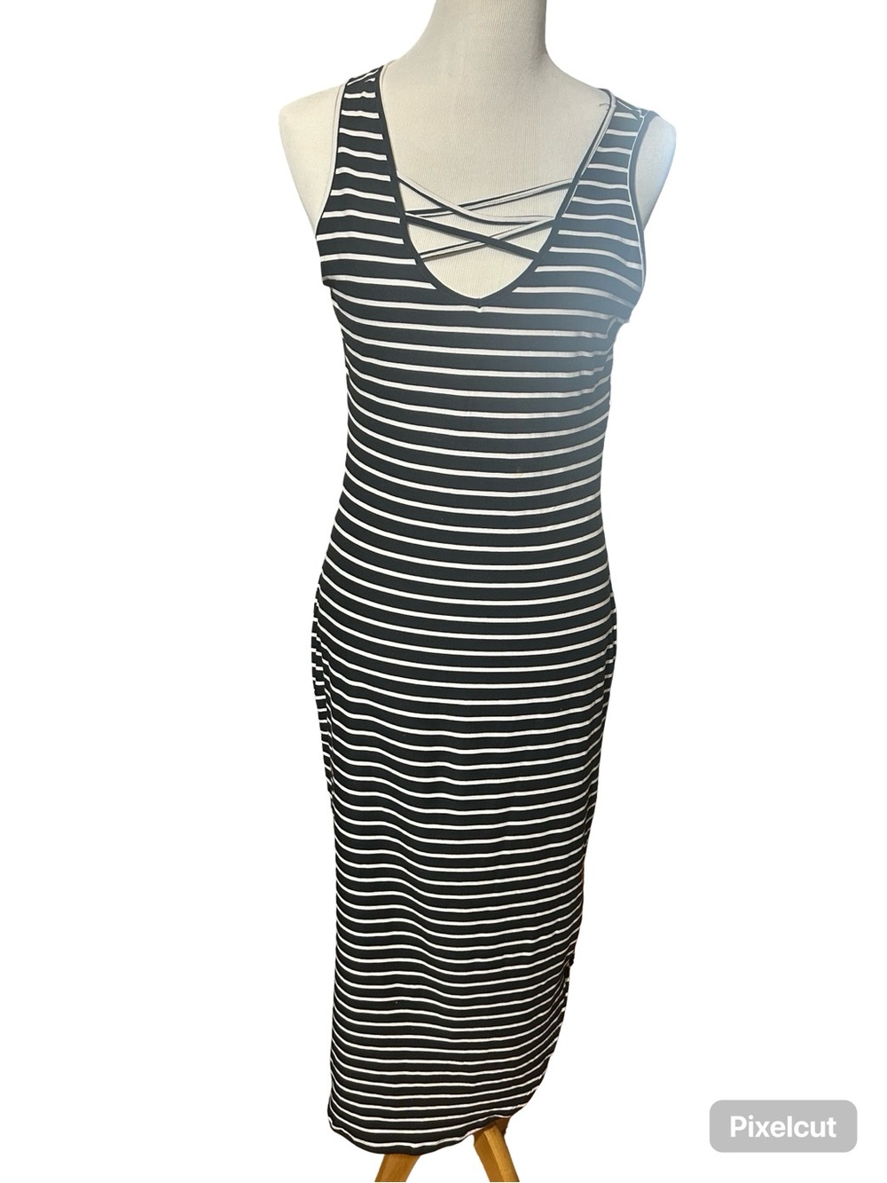 Sleeveless Black & White Striped Midi Dress with Crisscross Neckline